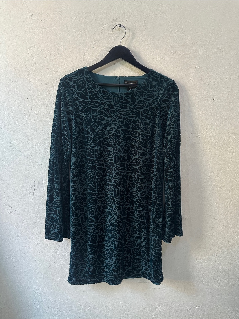 Adrienne Vittadini Floral Velvet Tunic Dress Top Teal Long Bell Sleeve S